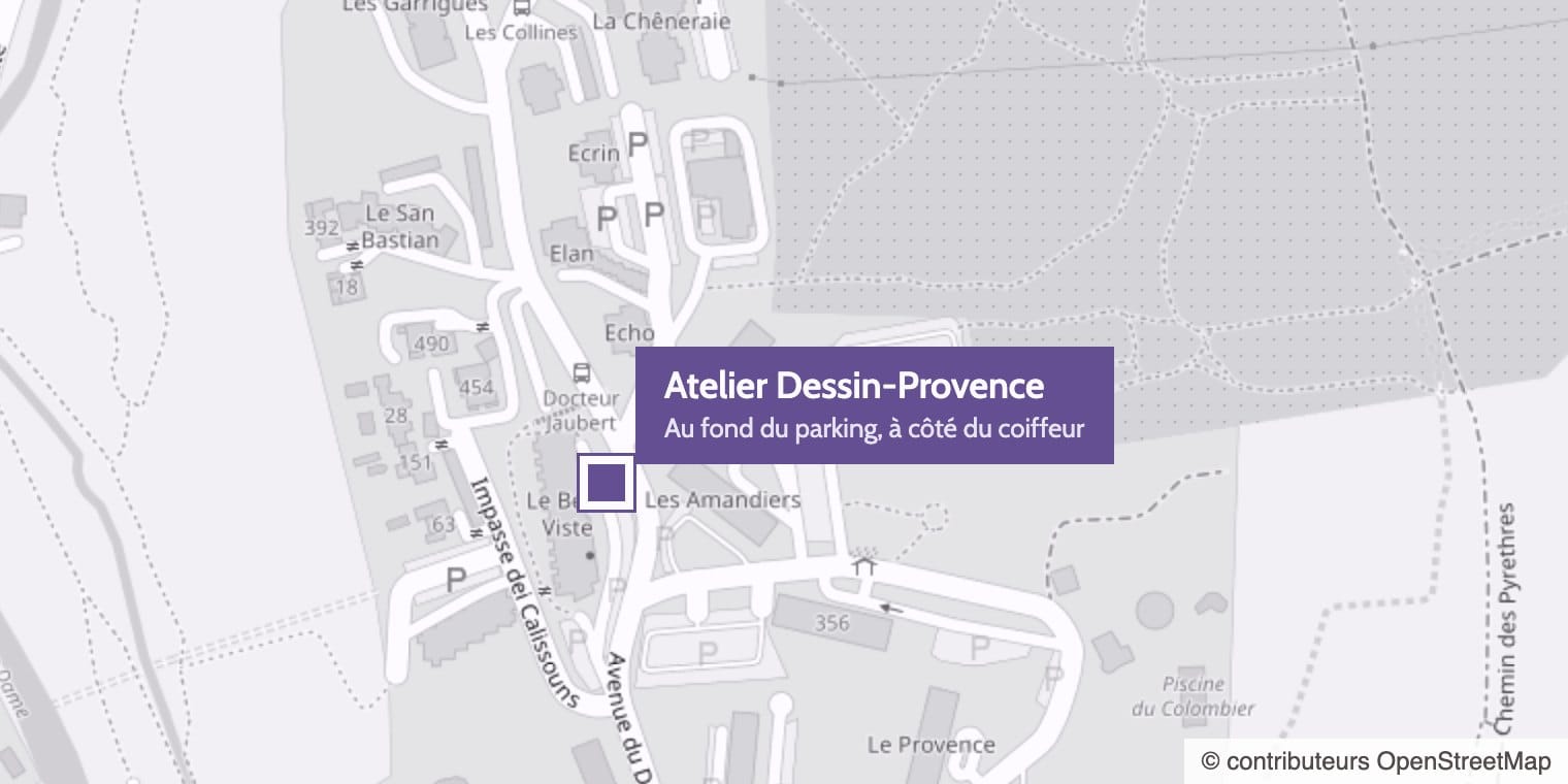Plan du quartier : l'atelier Dessin-Provence est au fond du parking de la résidence Le Belle Viste, avenue du Docteur J.-B. Jaubert, à côté de l'arrêt de bus Docteur Jaubert