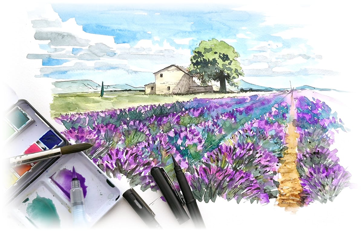 Aquarelle d'un cabanon dans un champ de lavande en Provence, palette et pinceau au premier plan