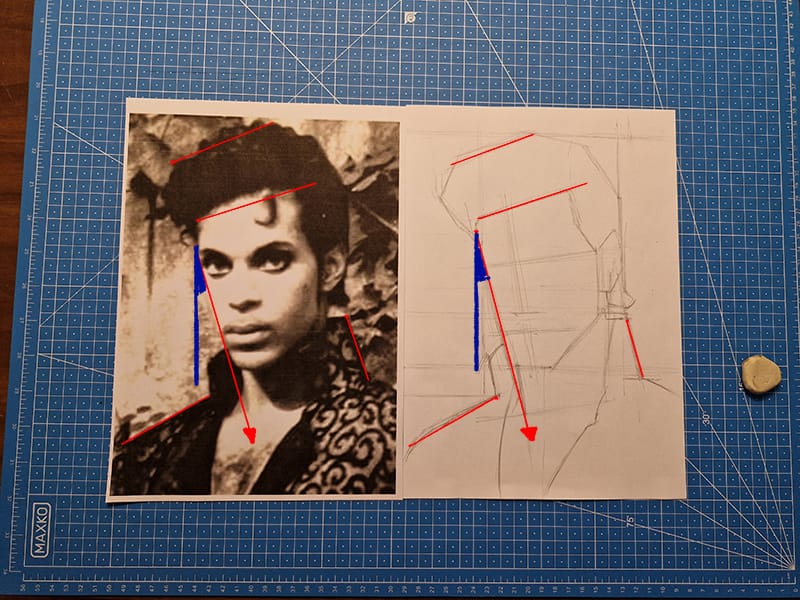 J’observe l’angle d’inclinaison des axes en prenant pour repère les lignes horizontale et verticale. Je trace d’abord l’axe sans le mesurer, puis j’en reporte la longueur.